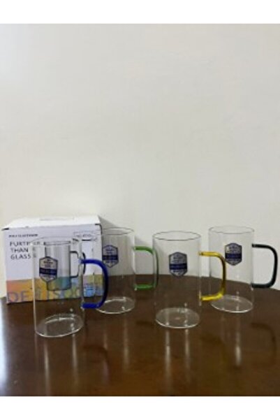 DİBA AVM Heat Resistant 4-Piece 410 ml Glass Cup with Handle Colorful Handle 4 Pieces Glass Cup Home Office Cup