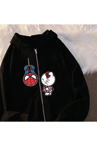 Touz Moda Spider-Man & Hello Kitty Printed Oversize Zippered Black Hooded Cardigan