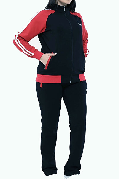 Fantasy Women's Navy Blue Half Turtleneck Neck Zipped Two Thread Large Size Tracksuit Suit EDY18307B-L