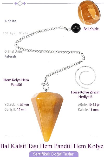 Tesbih Atölyesi Certified Honey Calcite Pandule - Pendulum and Necklace