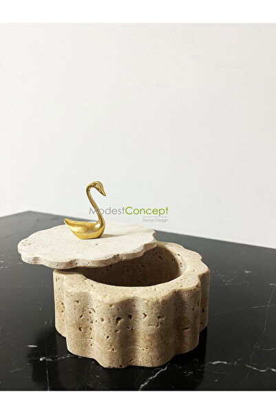 Modestmar Doğal Traverten Mermer Kase, Gold Kuğu Aksesuarlı Kapaklı Mermer Kase, Dekoratif Kase, Takılık