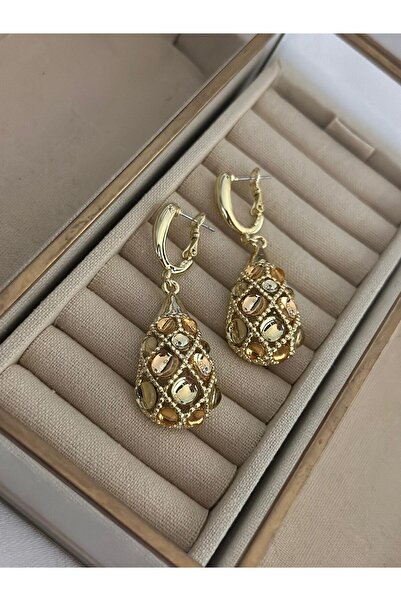 MyladyAccessoriess 14K Altın Kaplama Taş Detaylı Sallantılı Bombeli Damla Küpe