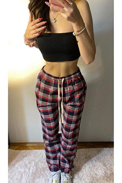 Violon Kırmızı Lacivert Kare Ekose Desenli Rahat Unisex Oversize Eşofman Altı Pijama