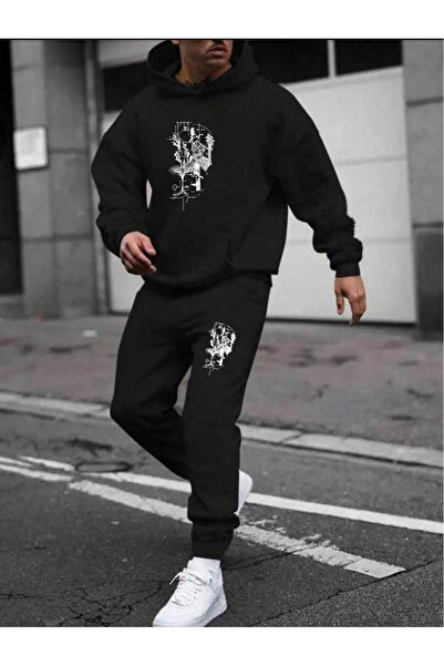 donamod Stork Forest Gothic Designed Linear Men's Vertical Unisex Oversize Hooded Black Tracksuit Set