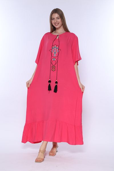 mervemoda Women's Fuchsia Plus Size Short Sleeve Woven Dress