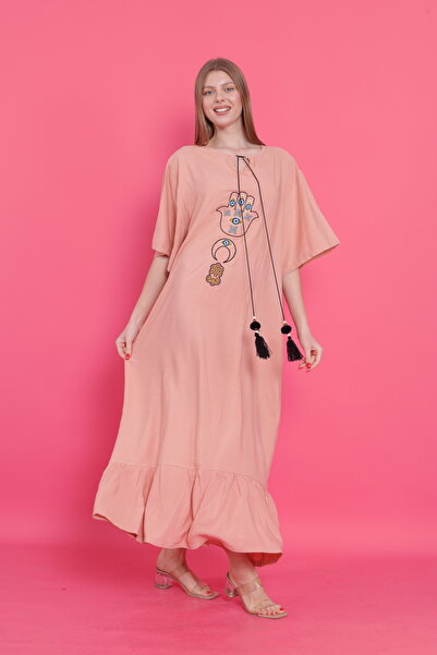 mervemoda Γυναικείο κοντομάνικο υφαντό φόρεμα σε ροζ πούδρα μεγάλου μεγέθους