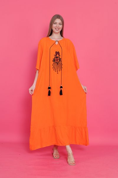 mervemoda Women's Orange Plus Size Short Sleeve Woven Dress