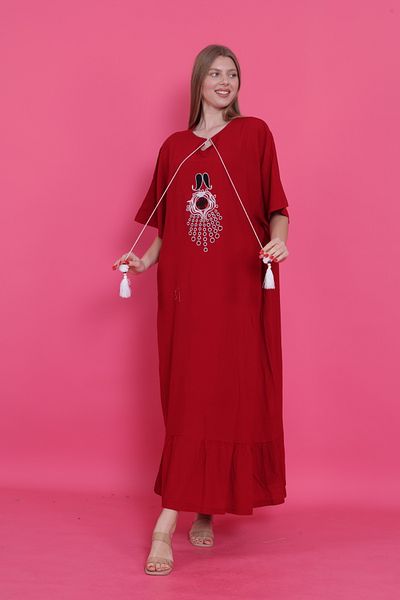 mervemoda Women's Burgundy Plus Size Short Sleeve Woven Dress