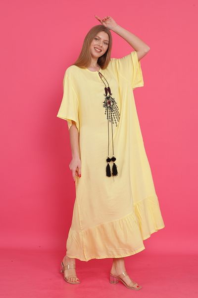mervemoda Women's Yellow Large Size Short Sleeve Woven Dress