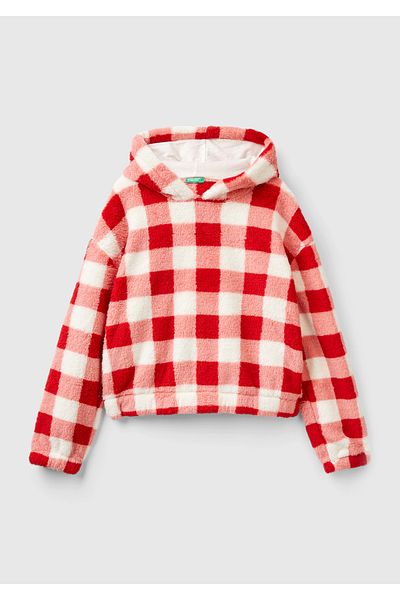 United Colors of Benetton Hanorac crop roșu pentru femei - cu umăr în afara, model de șah