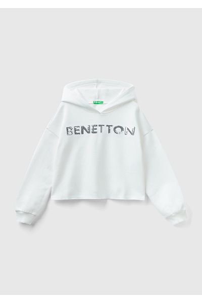 United Colors of Benetton Girl - Cream Color Crop Sweatshirt, Slogan Printed