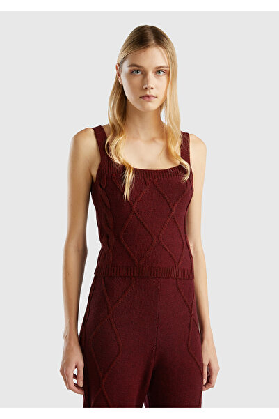 United Colors of Benetton Claret Red Square Collar Women's Knitwear Blouse