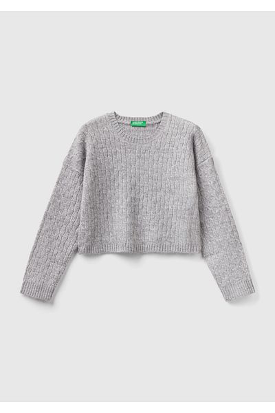 United Colors of Benetton Gray Melange Embroidered Crop Girl's Sweater