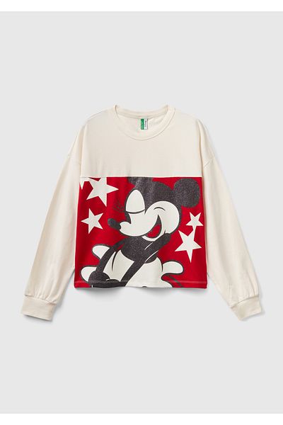 United Colors of Benetton Hanorac crop damă cu imprimeu Mickey crem