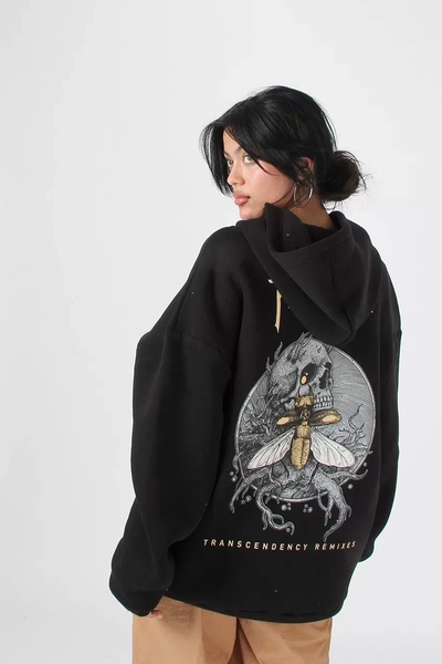 Bak Moda سويت شيرت بغطاء للرأس أسود كبير الحجم مطبوع من Phaseone