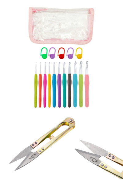 Hobicilik Çantalı Silikon Saplı Tığ Yün Örgü Seti Tığ 7 Adet + Işaretleyici V...