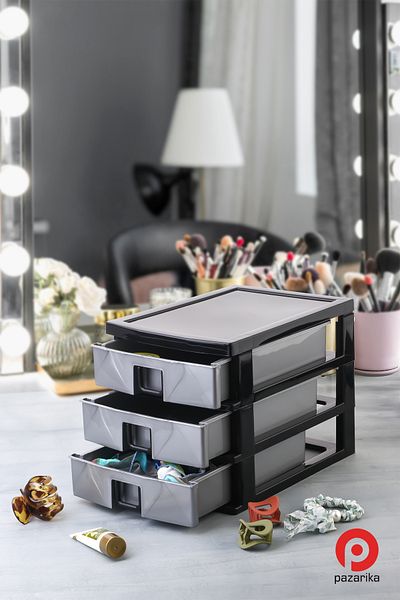 Pazarika Organizator de bijuterii, machiaj și cosmetice din 3 piese, sertar, organizator de birou, gri