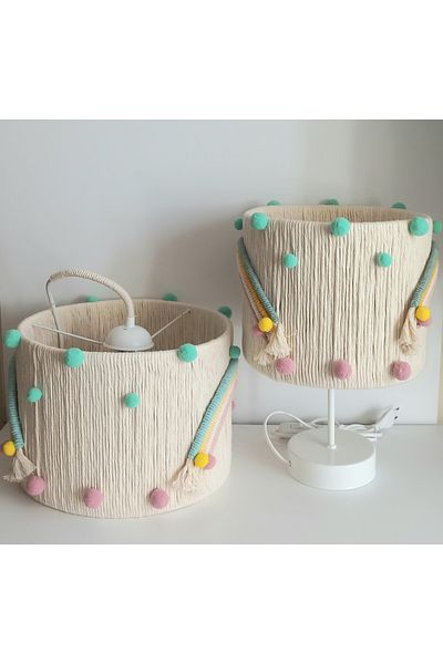 C&A&B KUZEY AVİZE ECRU MACROME Rope PENDER RAINBOW MINT PINK POMPOM طفلة وغرفة فتاة غرفة الثريا مجموعة عاكس الضوء (8