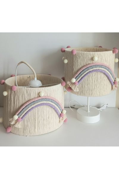 C&A&B KUZEY AVİZE طقم ثريا وغطاء مصباح لغرفة البنات والرضع من ECRU MAKROME ROPE RAINBOW APPLIQUE POMPON(7)