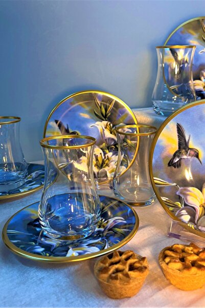 DECOSTYLE 12 Piece Patterned Matte Gold Tea Set with Ceramic Plate