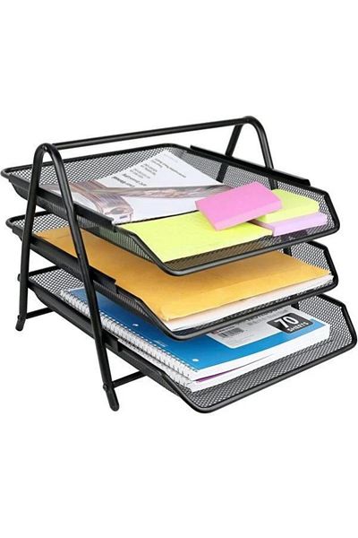 Janissary 3-Piece Black Pen Holder Set with Metal Mesh - Document Rack, Desktop Organizer