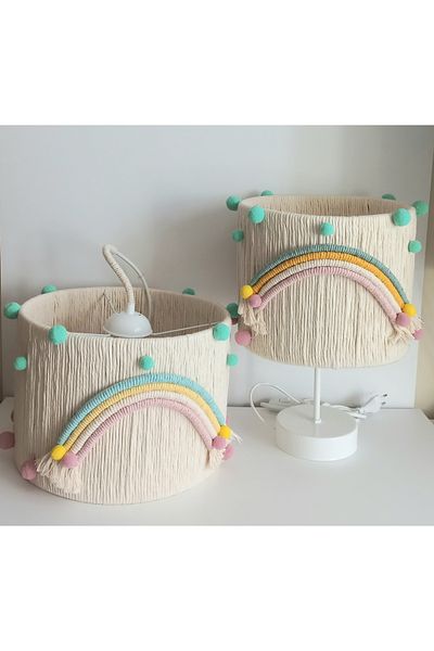 C&A&B KUZEY AVİZE ECRU MACROME Rope PENDER RAINBOW MINT PINK POMPOM طفلة وغرفة فتاة غرفة الثريا مجموعة عاكس الضوء (8