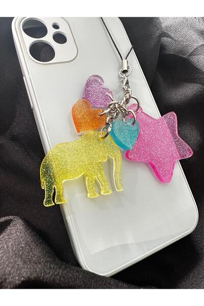 schkırt Fil Yıldız 3 Minik Kalp Motifli Çok Renkli Simli Epoksi Telefon Charmı Telefon İpi Telefon Aksesuarı
