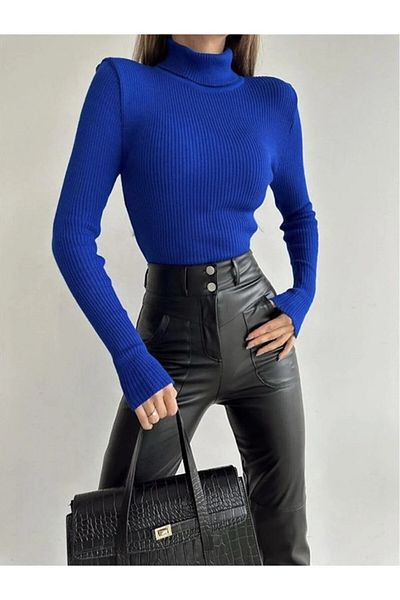TİMBA Pulover de damă, albastru, din bumbac, cu gât roscat, înălțat, slimfit, cu gât înalt, cu nervuri Bady