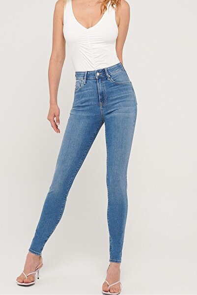 Livik Buz Mavi Bıyıklı Skinny Jean Kadın Bilek Boy Yüksel Bel Kot Pantalon