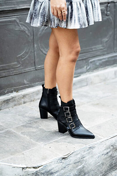 Afilli Жіночі чорні гострі носки на блискавці, товсті, на низьких підборах, з пряжками, стильні західні ковбойські черевики-ботильйони