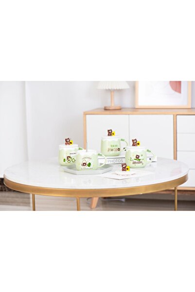 hediyeconcepti 400ml Seramik Sevimli Avokado Kapaklı Kupa Bardak Seti Drinkware