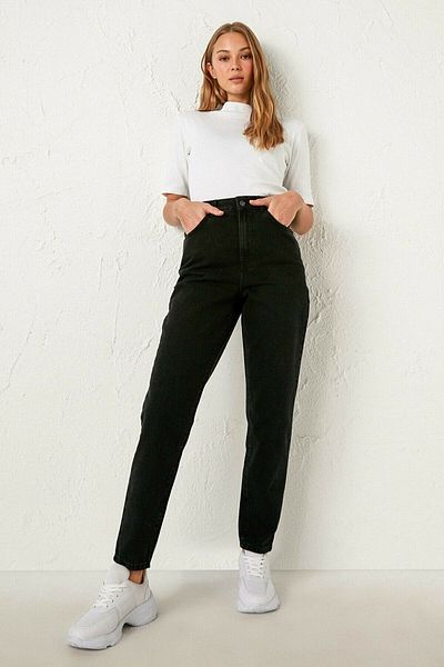 Trn JNS Blugi negri Mom - Blugi Lycra cu talie înaltă, rezistenți la culoare și foarte confortabili
