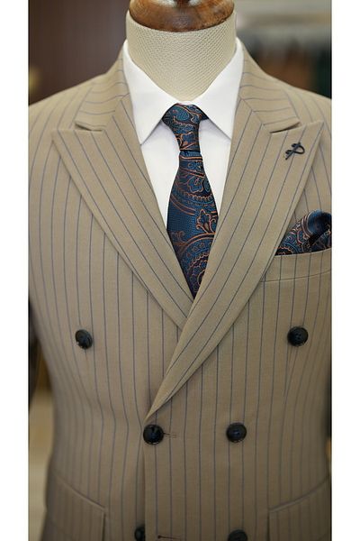 LONATOLİA Men's Striped Double Breasted Suit Swallow Collar Italian Cut Slim Fit Jacket Trousers