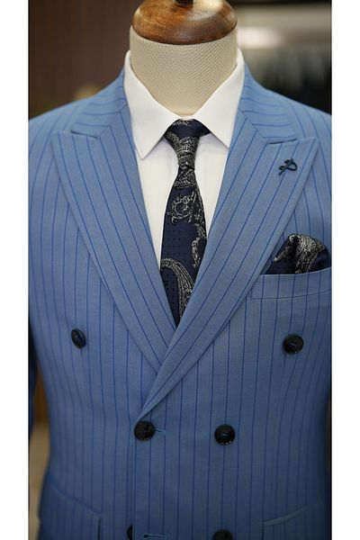 LONATOLİA Men's Striped Double Breasted Suit Swallow Collar Italian Cut Slim Fit Jacket Trousers