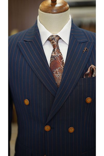 LONATOLİA Men's Striped Double Breasted Suit Swallow Collar Italian Cut Slim Fit Jacket Trousers