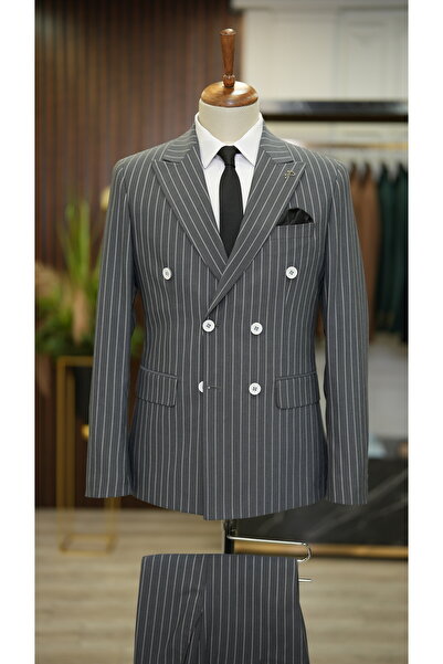 LONATOLİA بدلة رجالية مخططة مزدوجة الصدر بياقة متوافقة وبنطلون جاكيت بقصة ضيقة