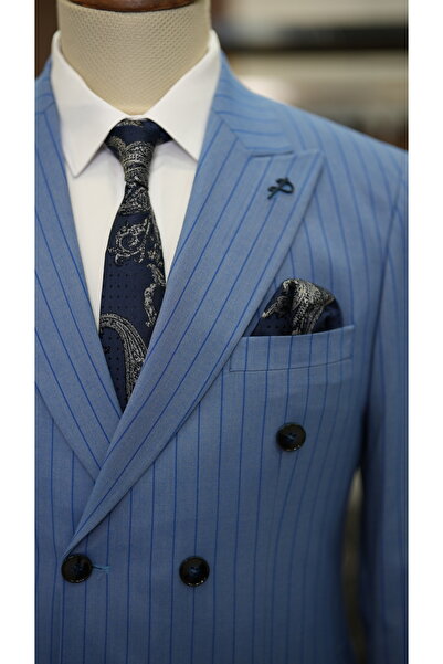 LONATOLİA Men's Striped Double Breasted Suit Swallow Collar Italian Cut Slim Fit Jacket Trousers