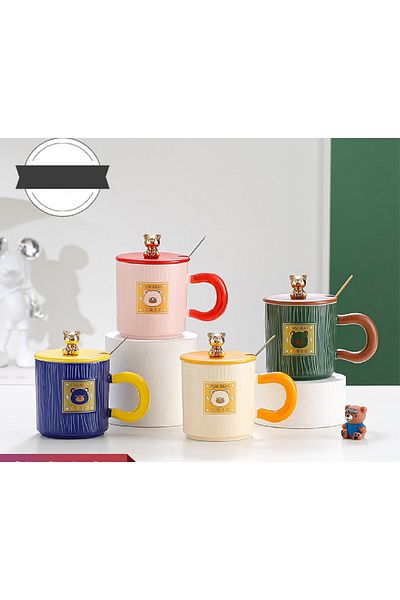 hediyeconcepti 400ml Cute Cartoon Lid with Spoon and Teddy Bear Figure Heat Resistant Mug Cup