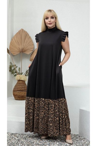 Butik Nilyam Γυναικείο Λεοπάρ Λεοπάρ Λεπτομερές Μακρύ Φόρεμα με Τσέπες 21096 Μαύρο