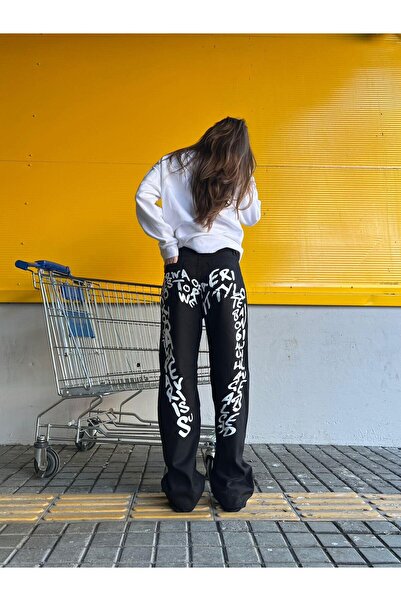 Touz Moda Y2K Newstyle Baskılı Wide Leg Jean Bol Paça Siyah Kot Pantolon