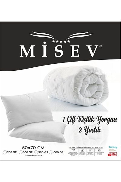 Misev Double Antiallergic Luxury Microfiber Quilt + 2 Pieces 800 Gr Bead Silicone Pillow Set