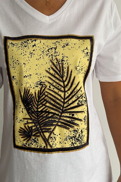 FEMELLE Women's White V-Neck Large Size Leaf Pattern Sequin Embroidered 100% Cotton Large Size T-Shirt