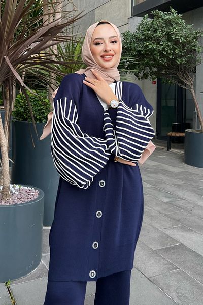modabirsen Γυναικείο πλεκτό σετ δύο τεμαχίων Navy Blue με ριγέ μανίκια