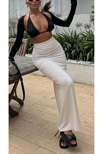 Moda Tekcan Uzun Yırtmaçlı Kalem Etek fitilli beyaz