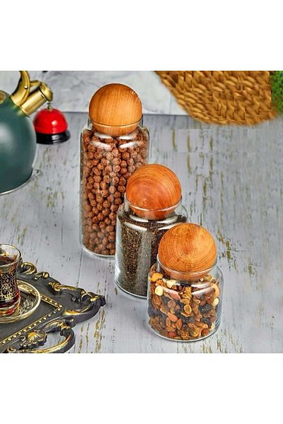 Altabi Glass Jar Set 3 Sizes with Wooden Ball Lid