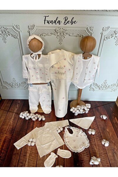BE HAPPY ÇİÇEK NAKIŞLI GÜPÜR DETAYLI %100 COTTON ANTİBAKTERİYEL 10 PARÇA HASTANE ÇIKIŞ SETİ