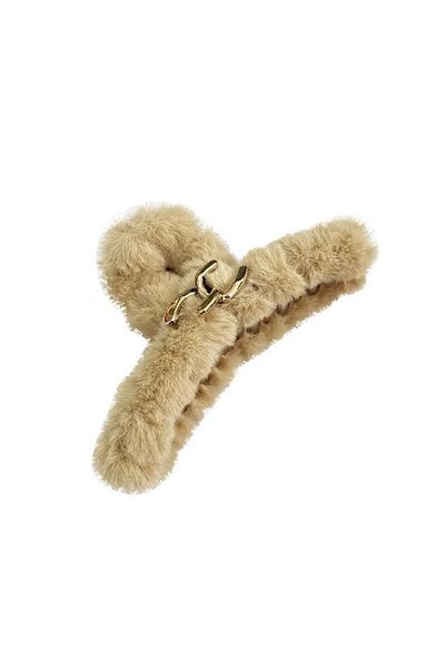 QUEEN AKSESUAR Brand fashion French model trend Imported luxury large size plush furry clothespin clip buckle light beige coffee