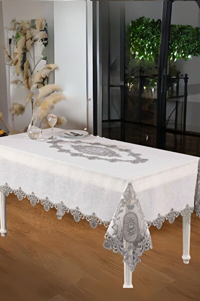 Finezza Asya Lüx Dantelli Simli Keten Kumaş Krem Masa Örtüsü 160x230 Cm - 1168