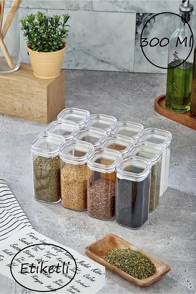 ŞAKİLATA CONCEPT 12-Piece 300 ml Acrylic Spice Jar Set Storage Container with Label