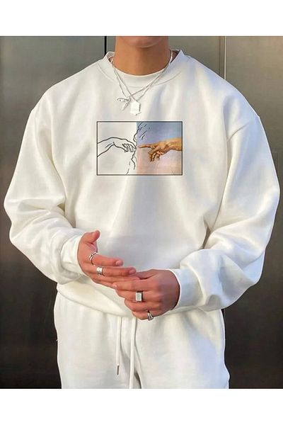 NewCabin Φούτερ Michelangelo με 3 κλωστές Cotton Lightning - Printed Oversize Raised Crew Neck